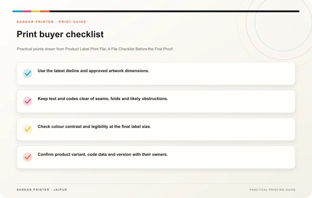 Print buyer checklist infographic for Product Label Print File: A File Checklist Before the First Proof