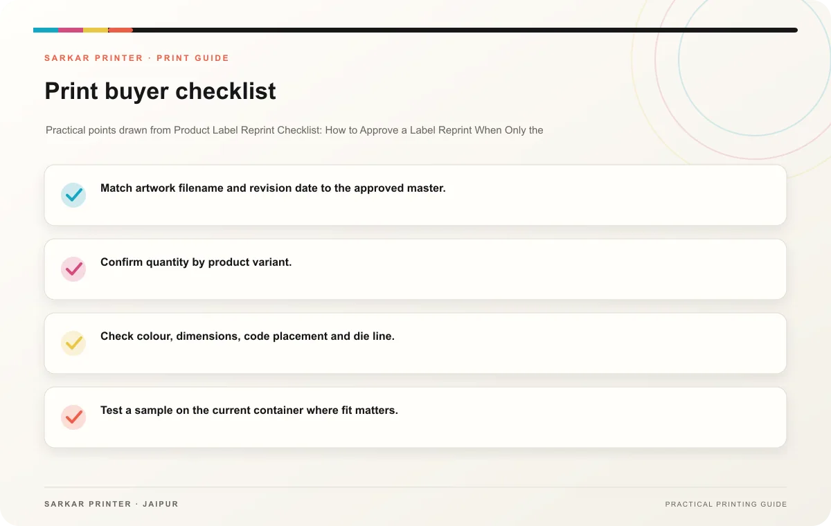 Print buyer checklist infographic for Product Label Reprint Checklist: How to Approve a Label Reprint When Only the Text Has Changed