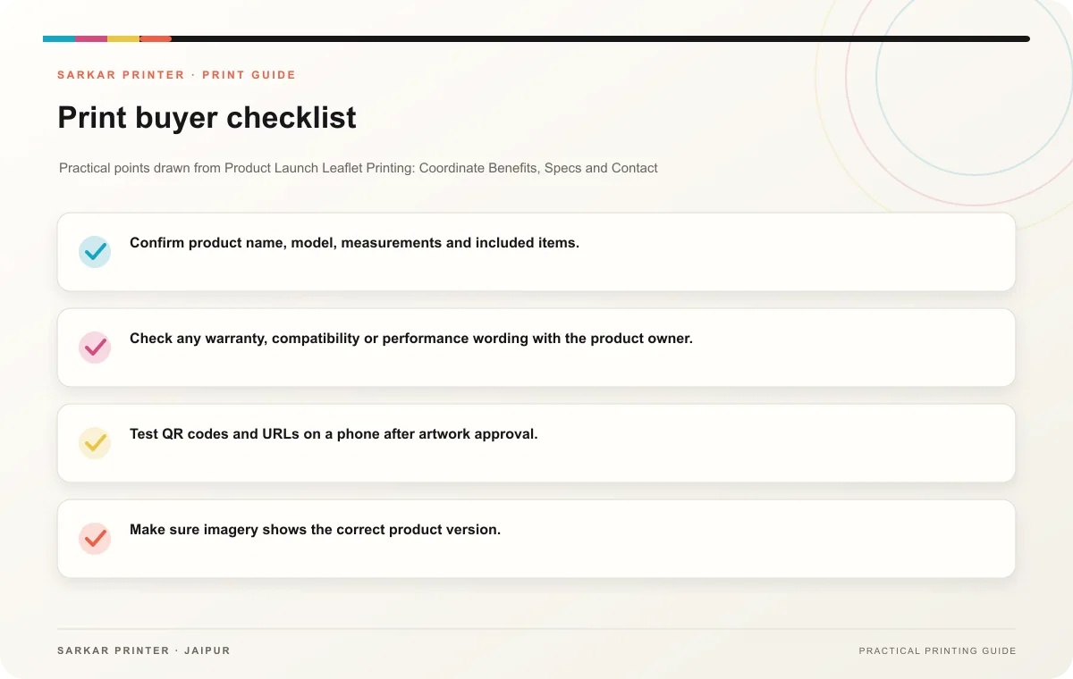 Print buyer checklist infographic for Product Launch Leaflet Printing: Coordinate Benefits, Specs and Contact Details