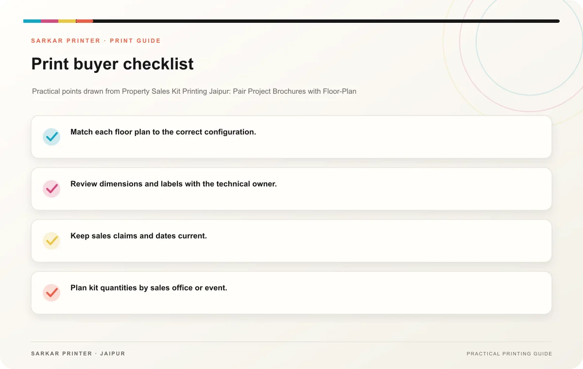 Print buyer checklist infographic for Property Sales Kit Printing Jaipur: Pair Project Brochures with Floor-Plan Sheets