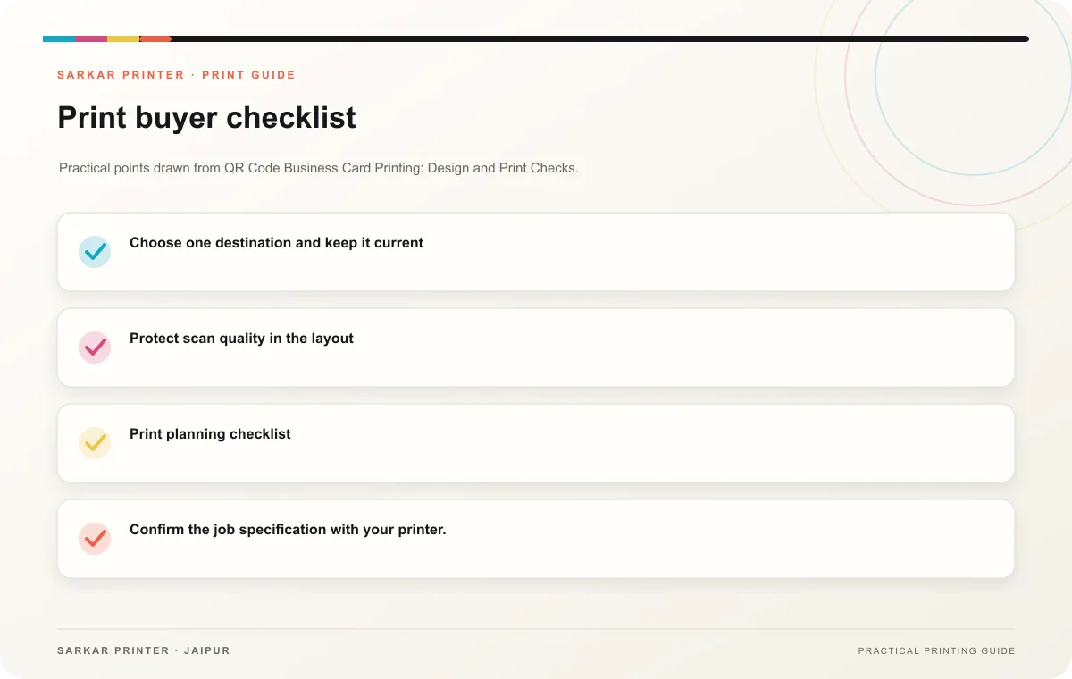 Print buyer checklist infographic for QR Code Business Card Printing: Design and Print Checks