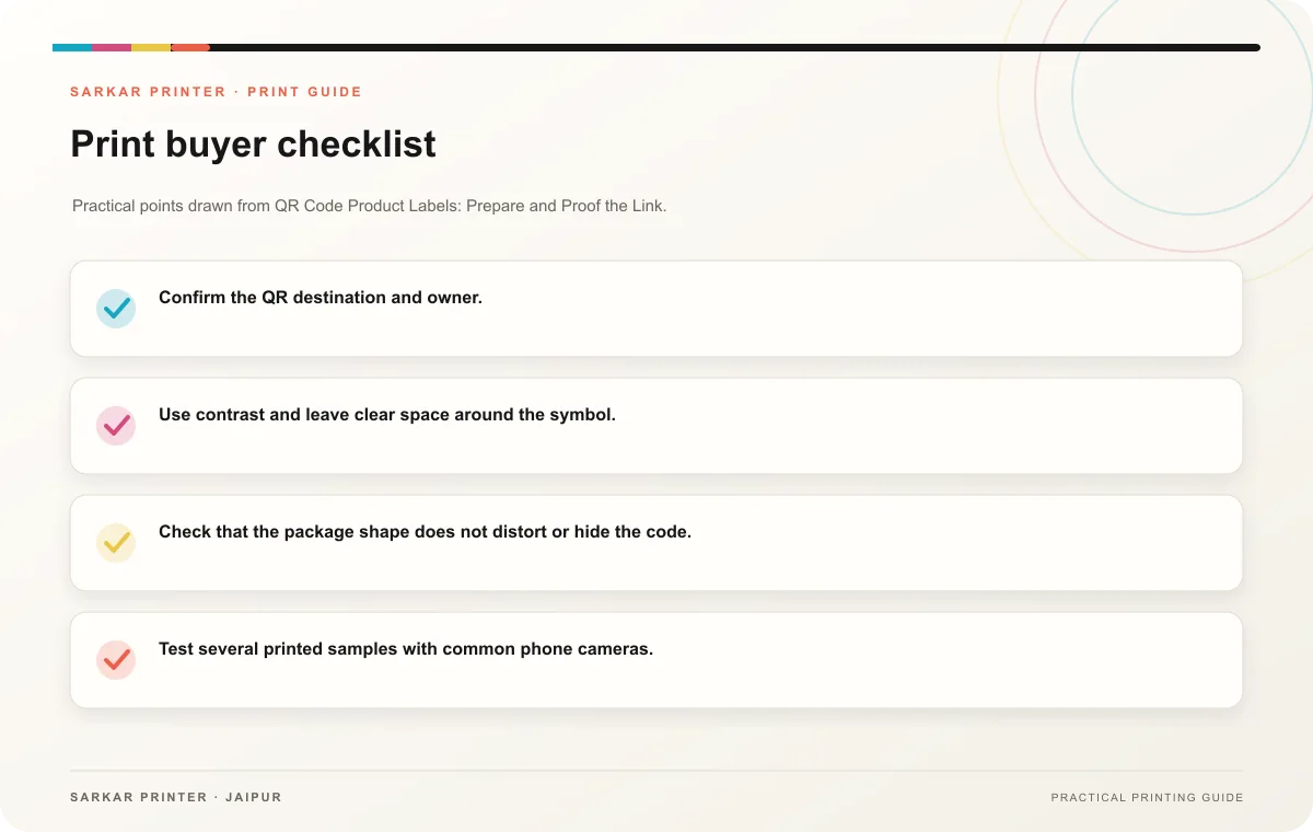 Print buyer checklist infographic for QR Code Product Labels: Prepare and Proof the Link