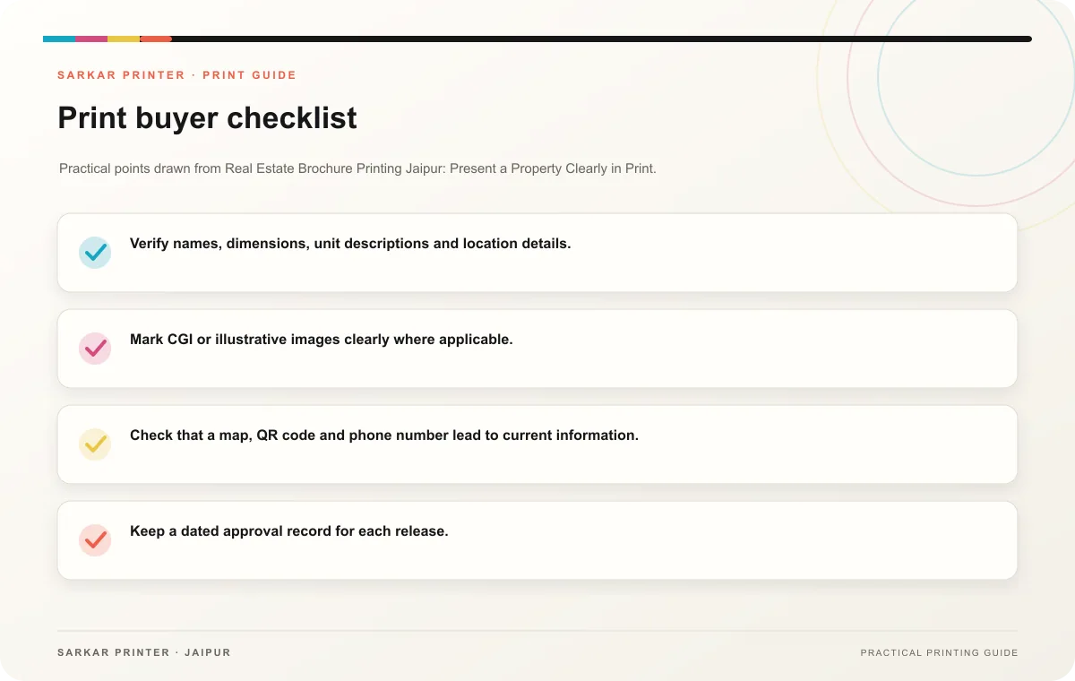 Print buyer checklist infographic for Real Estate Brochure Printing Jaipur: Present a Property Clearly in Print