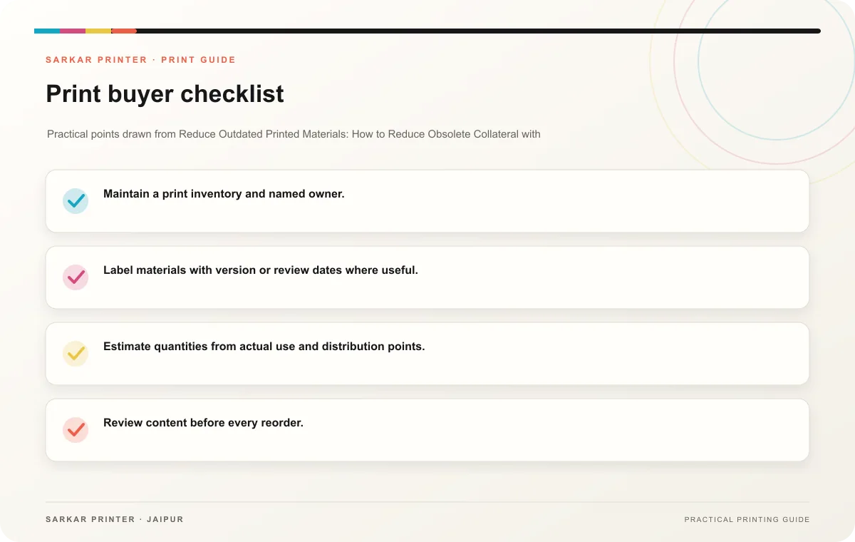 Print buyer checklist infographic for Reduce Outdated Printed Materials: How to Reduce Obsolete Collateral with Better Version Planning