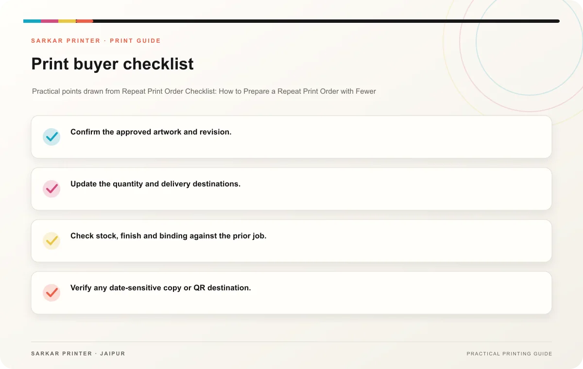 Print buyer checklist infographic for Repeat Print Order Checklist: How to Prepare a Repeat Print Order with Fewer Surprises