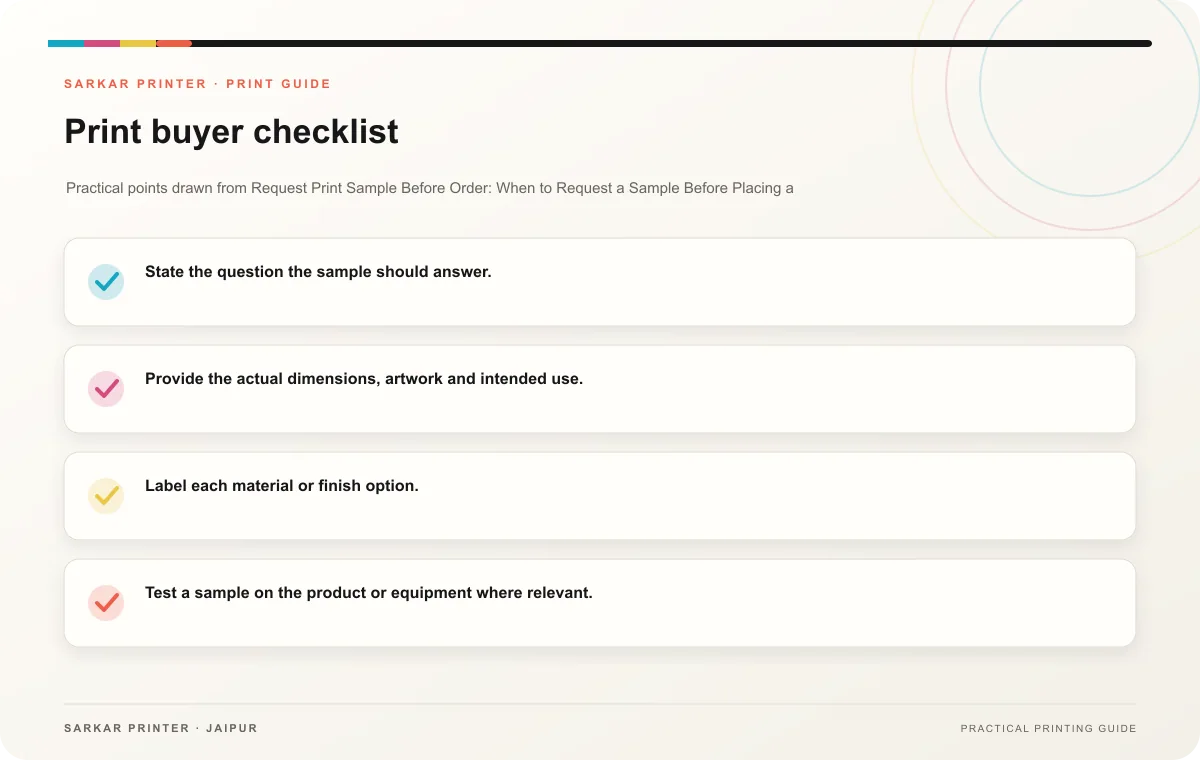 Print buyer checklist infographic for Request Print Sample Before Order: When to Request a Sample Before Placing a Larger Print Order