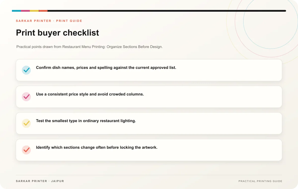 Print buyer checklist infographic for Restaurant Menu Printing: Organize Sections Before Design