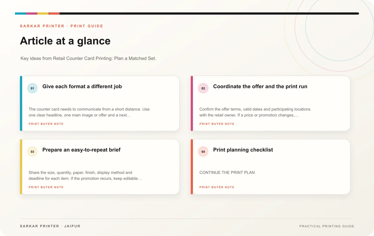 At a glance infographic summarising Retail Counter Card Printing: Plan a Matched Set
