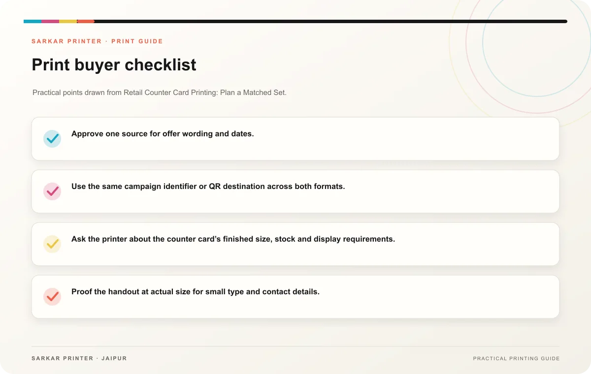 Print buyer checklist infographic for Retail Counter Card Printing: Plan a Matched Set
