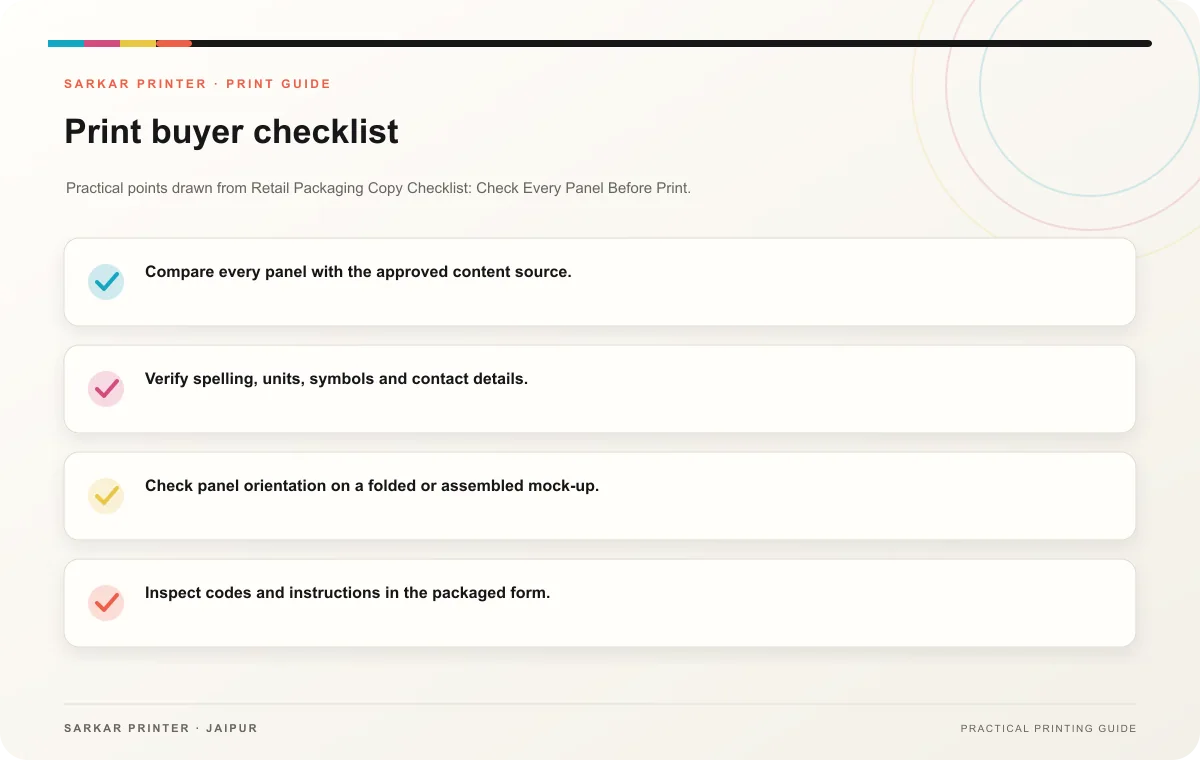 Print buyer checklist infographic for Retail Packaging Copy Checklist: Check Every Panel Before Print