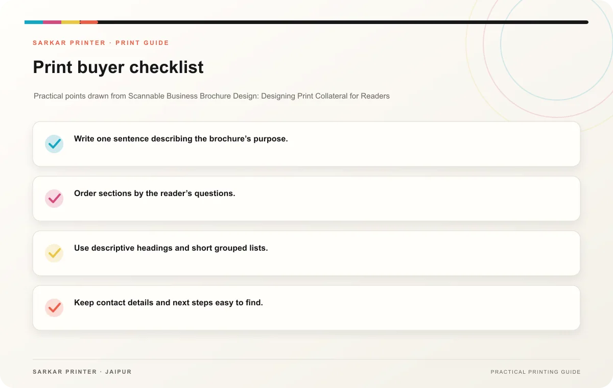 Print buyer checklist infographic for Scannable Business Brochure Design: Designing Print Collateral for Readers Who Scan Quickly