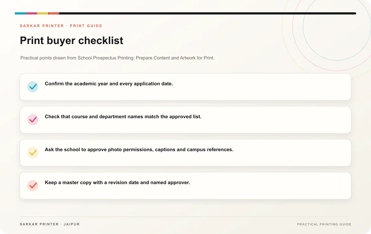 Print buyer checklist infographic for School Prospectus Printing: Prepare Content and Artwork for Print