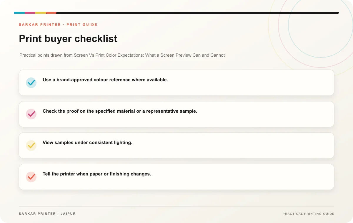 Print buyer checklist infographic for Screen Vs Print Color Expectations: What a Screen Preview Can and Cannot Confirm