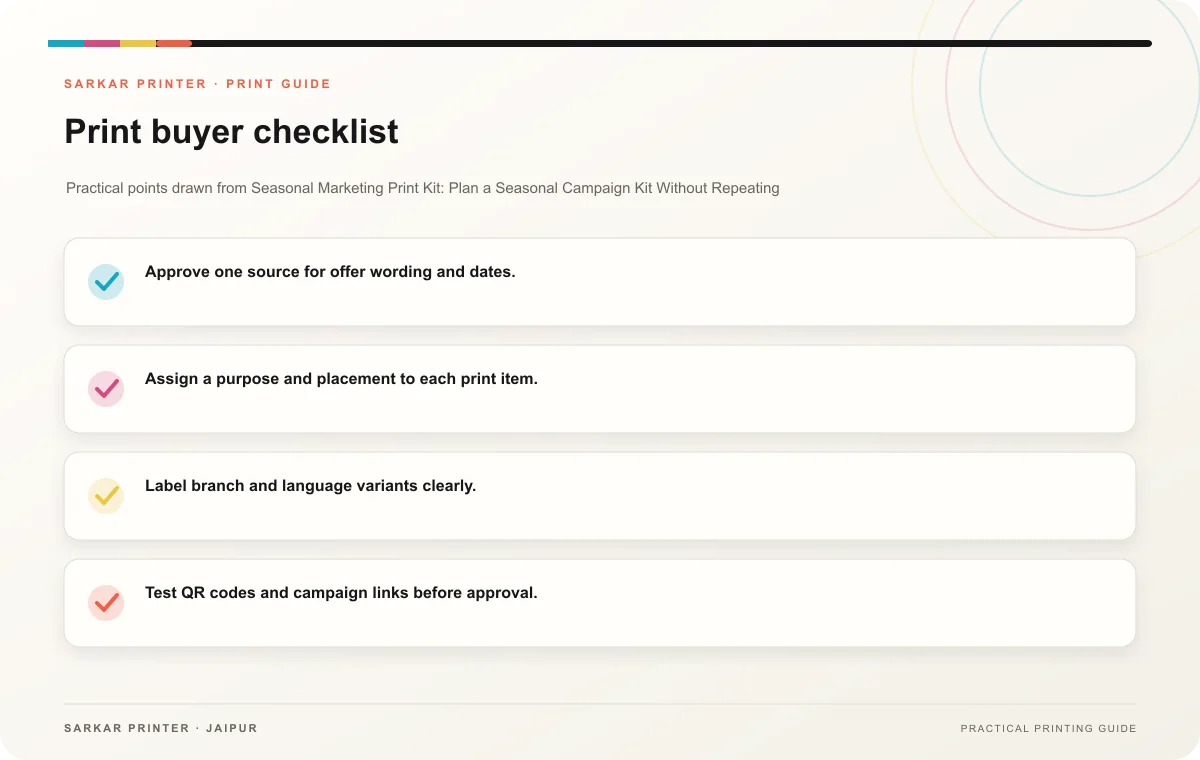 Print buyer checklist infographic for Seasonal Marketing Print Kit: Plan a Seasonal Campaign Kit Without Repeating the Same Message