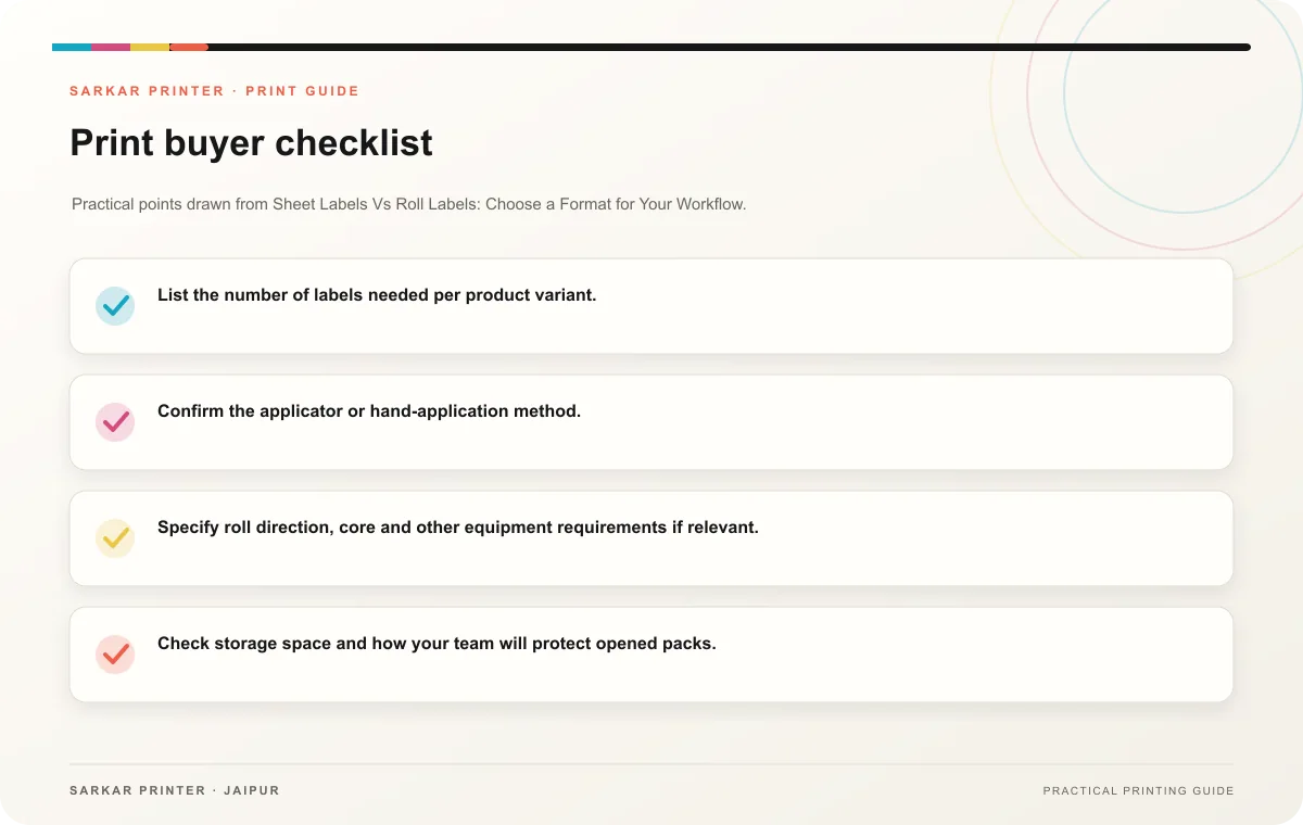 Print buyer checklist infographic for Sheet Labels Vs Roll Labels: Choose a Format for Your Workflow