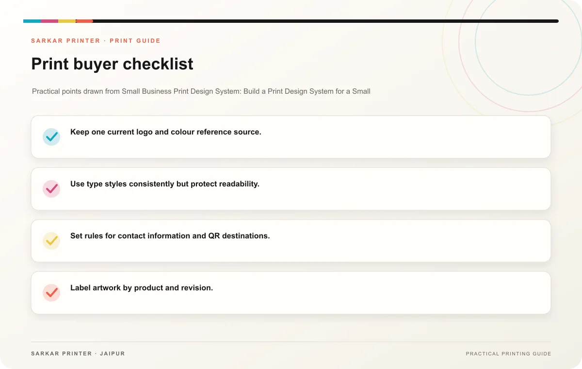 Print buyer checklist infographic for Small Business Print Design System: Build a Print Design System for a Small Business
