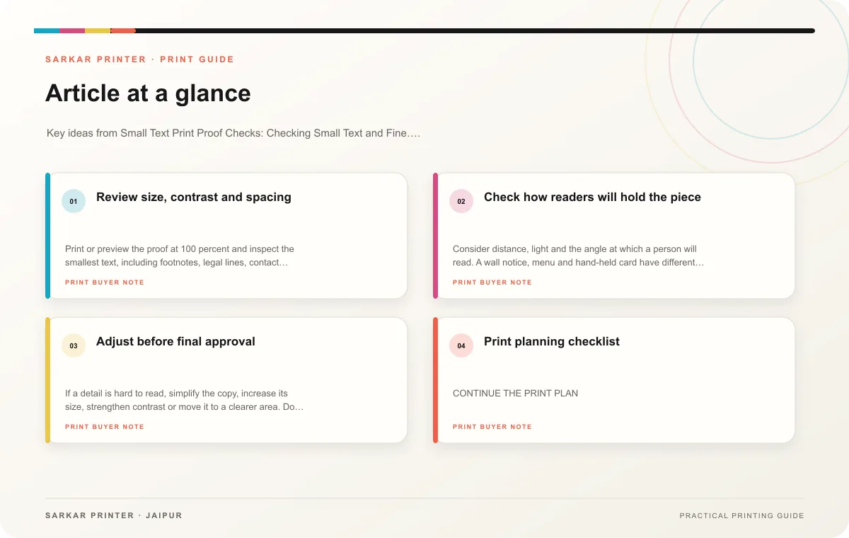 At a glance infographic summarising Small Text Print Proof Checks: Checking Small Text and Fine Rules on Printed Material