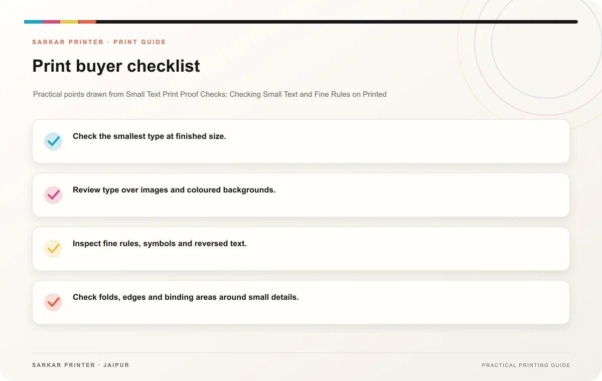 Print buyer checklist infographic for Small Text Print Proof Checks: Checking Small Text and Fine Rules on Printed Material