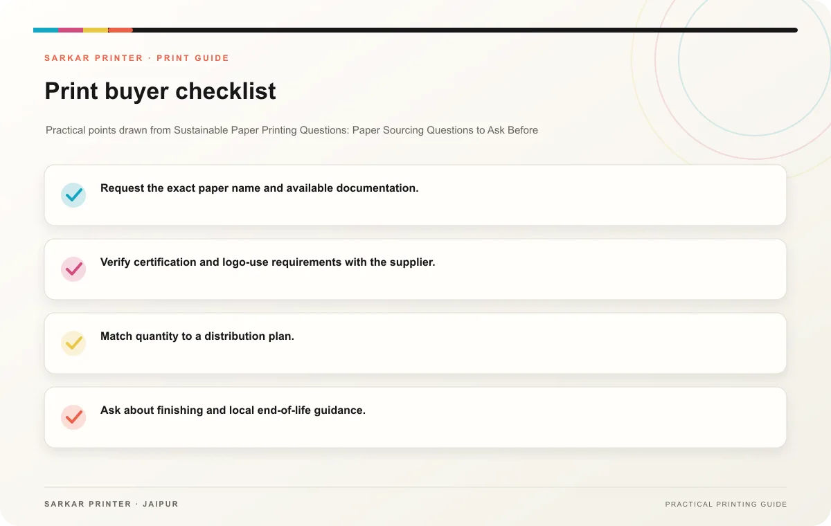 Print buyer checklist infographic for Sustainable Paper Printing Questions: Paper Sourcing Questions to Ask Before an Eco-Focused Print Order