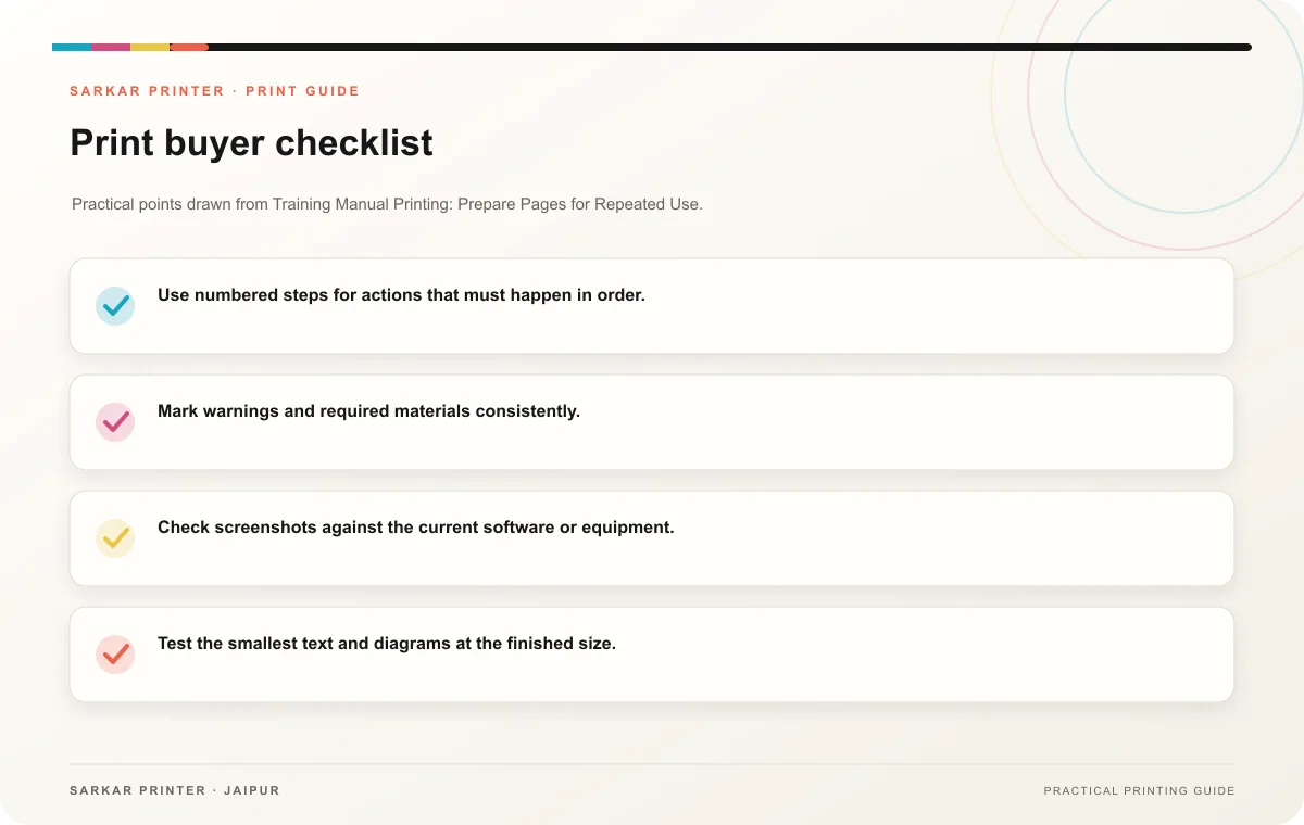 Print buyer checklist infographic for Training Manual Printing: Prepare Pages for Repeated Use