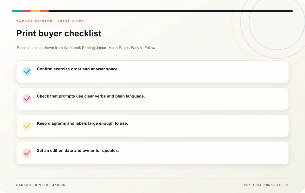 Print buyer checklist infographic for Workbook Printing Jaipur: Make Pages Easy to Follow
