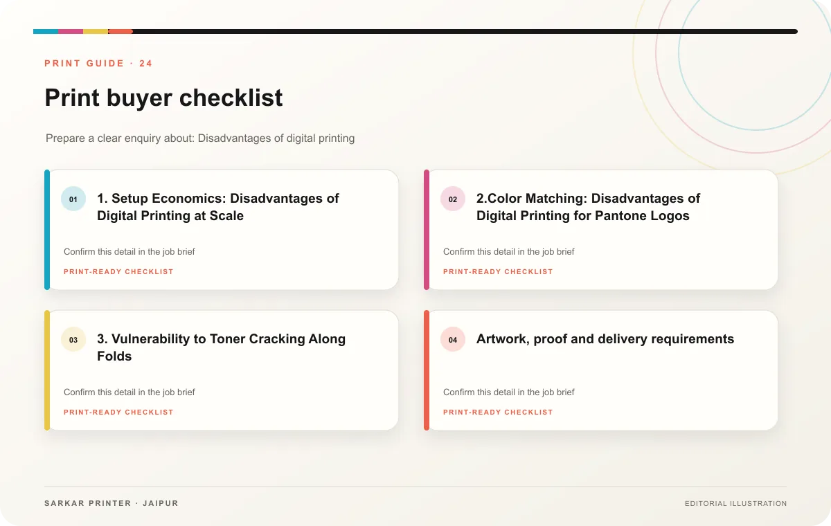 Print buyer checklist infographic for Disadvantages of digital printing: 7 Big Risks?