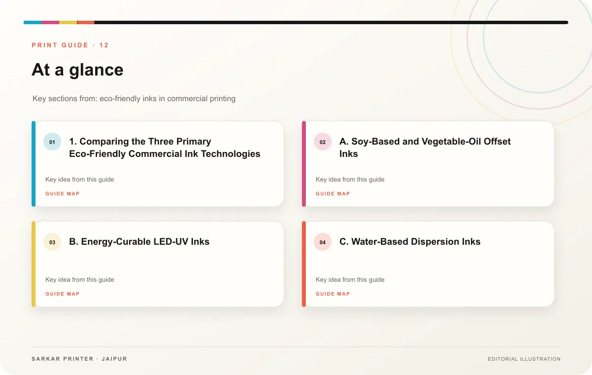 At a glance infographic summarising Eco-Friendly Inks in Commercial Printing: Soy vs UV Guide