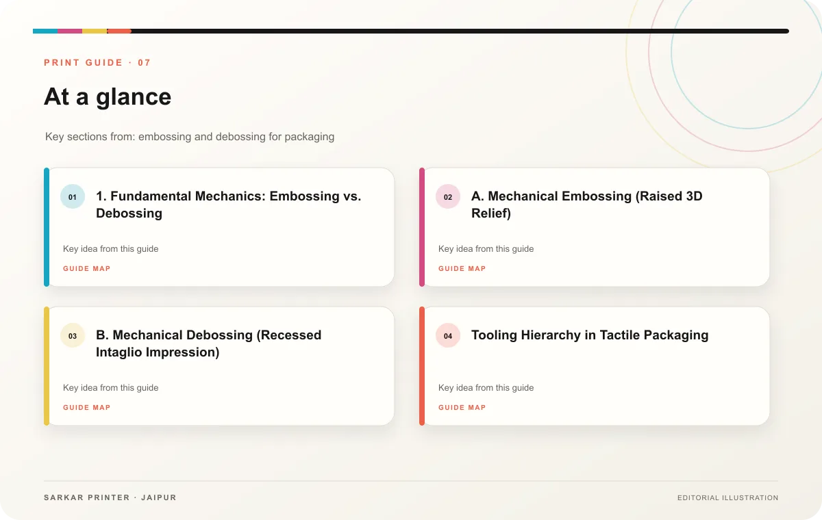 At a glance infographic summarising Embossing and Debossing for Packaging: Tactile Luxury Guide