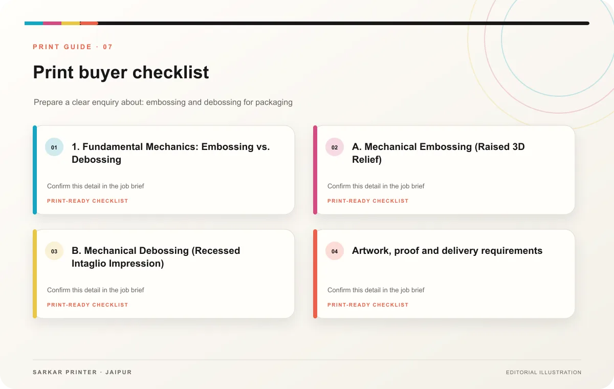 Print buyer checklist infographic for Embossing and Debossing for Packaging: Tactile Luxury Guide