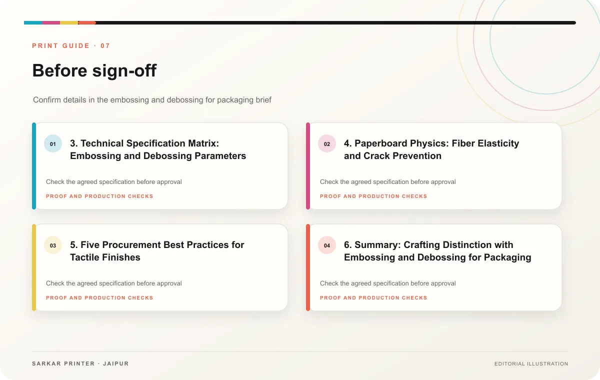 Proof to print workflow infographic for Embossing and Debossing for Packaging: Tactile Luxury Guide