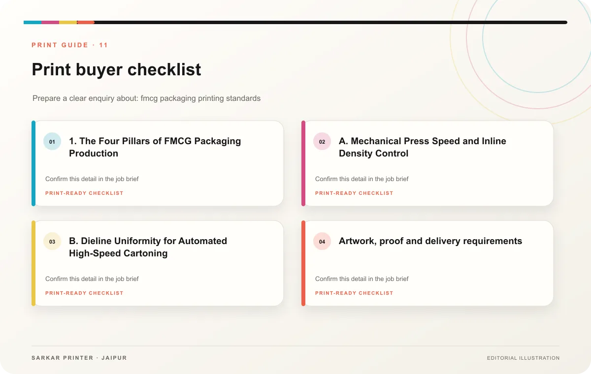 Print buyer checklist infographic for FMCG Packaging Printing Standards: High-Volume Production