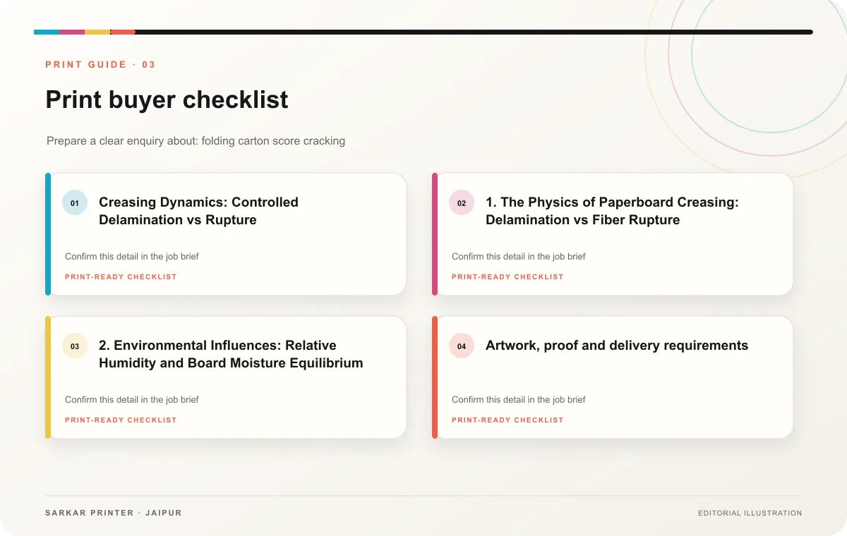 Print buyer checklist infographic for Preventing Score Cracking in Folding Cartons: Engineering Manual