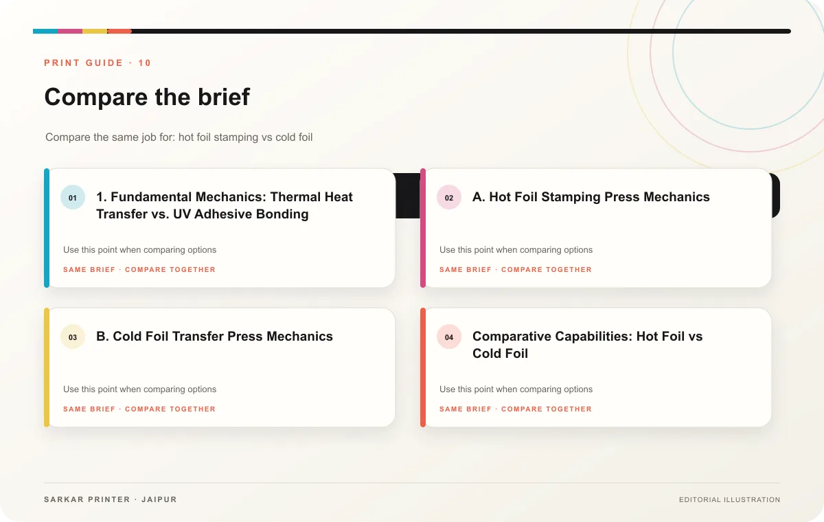 Decision guide infographic for Hot Foil Stamping vs Cold Foil: Metallic Packaging Guide