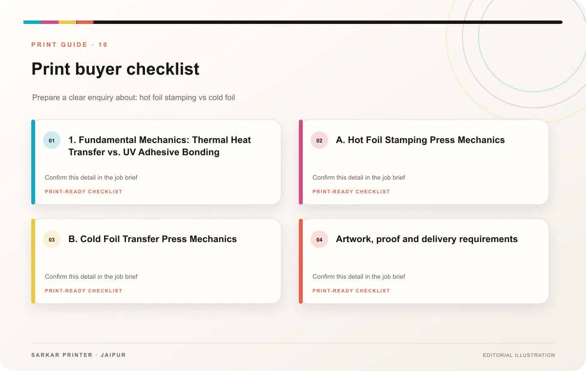 Print buyer checklist infographic for Hot Foil Stamping vs Cold Foil: Metallic Packaging Guide