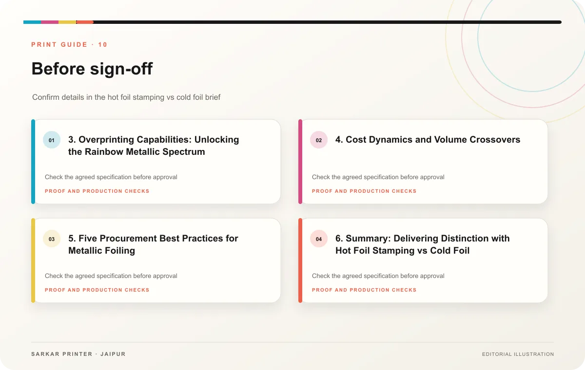 Proof to print workflow infographic for Hot Foil Stamping vs Cold Foil: Metallic Packaging Guide