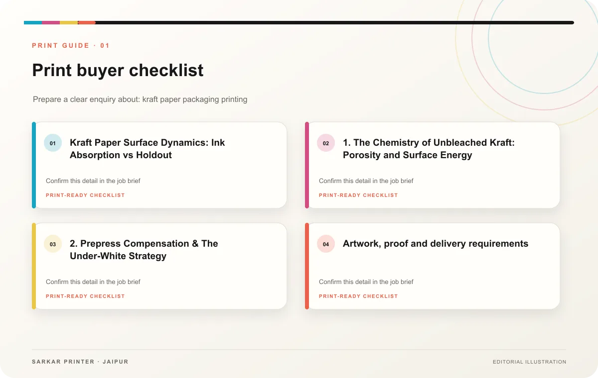 Print buyer checklist infographic for Kraft Paper Packaging Printing: Substrate Porosity & Ink Holdout