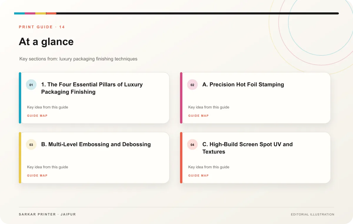 At a glance infographic summarising Luxury Packaging Finishing Techniques: B2B Brand Guide