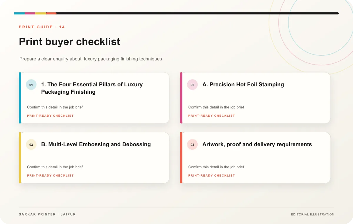 Print buyer checklist infographic for Luxury Packaging Finishing Techniques: B2B Brand Guide