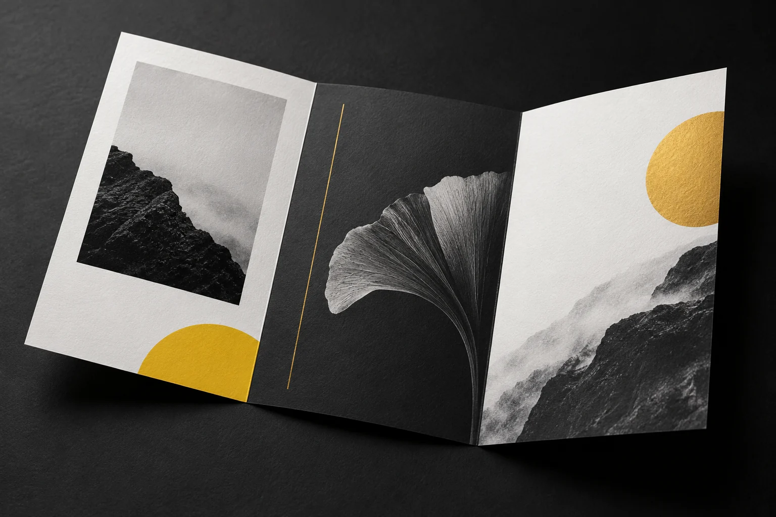 Illustrative concept mock-up of a folded brochure in dark charcoal and gold