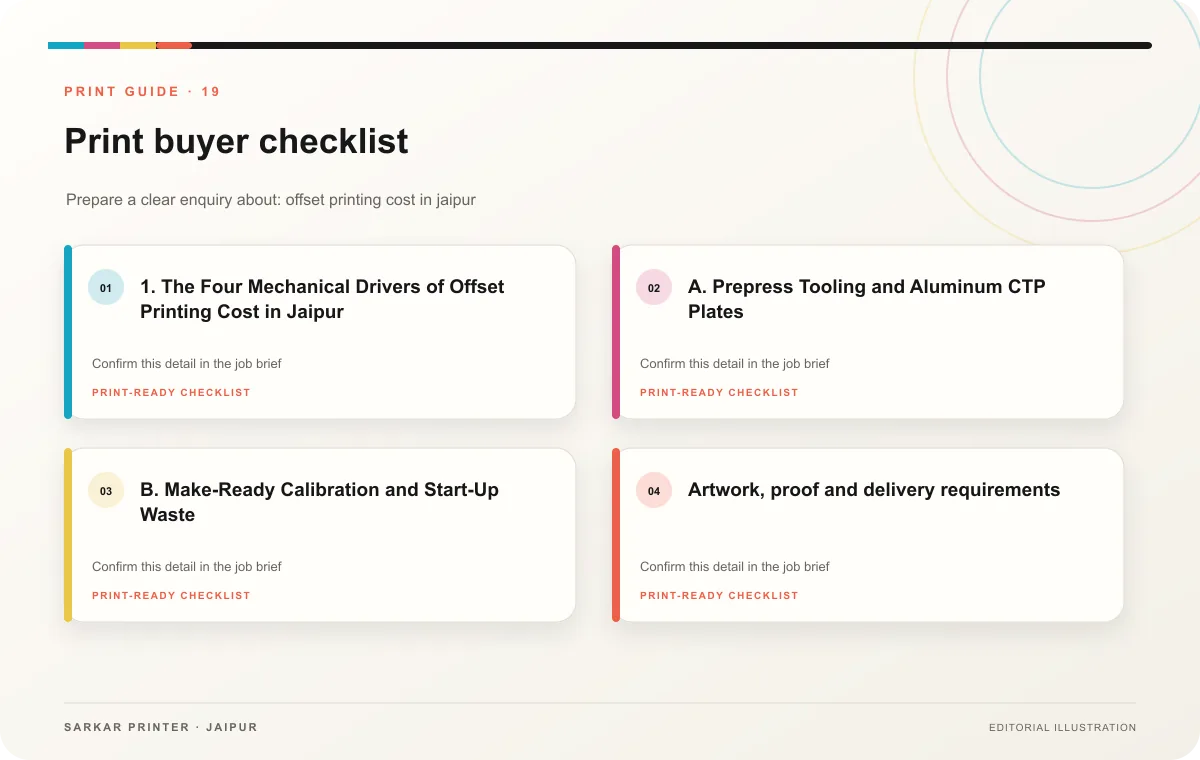 Print buyer checklist infographic for Offset Printing Cost in Jaipur: 2026 Commercial B2B Pricing Guide