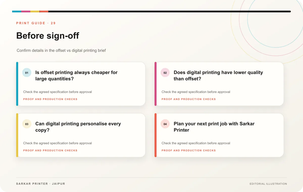 Proof to print workflow infographic for Offset Printing vs Digital Printing: Costs, Quality, & Best Use Cases