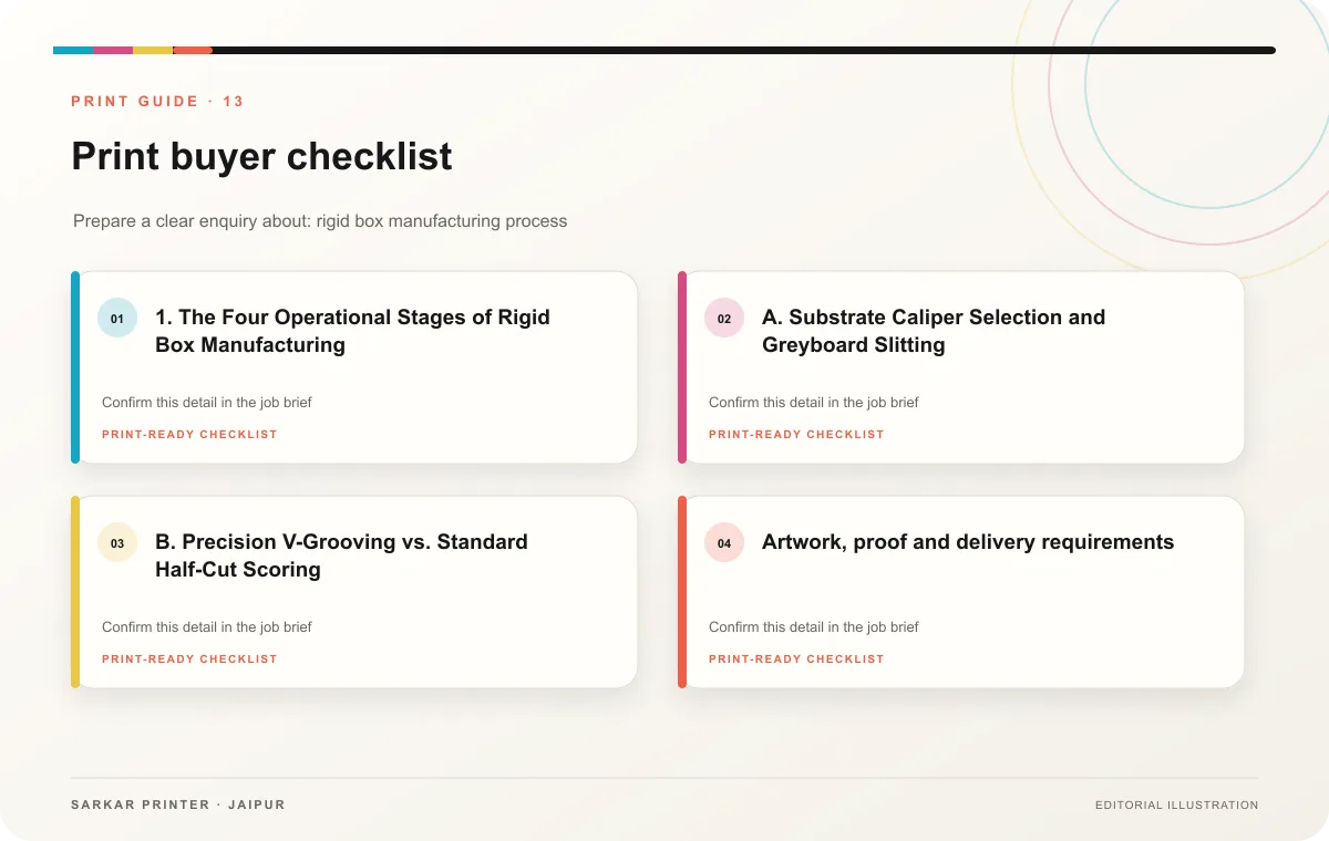 Print buyer checklist infographic for Rigid Box Manufacturing Process: Structural Luxury Guide