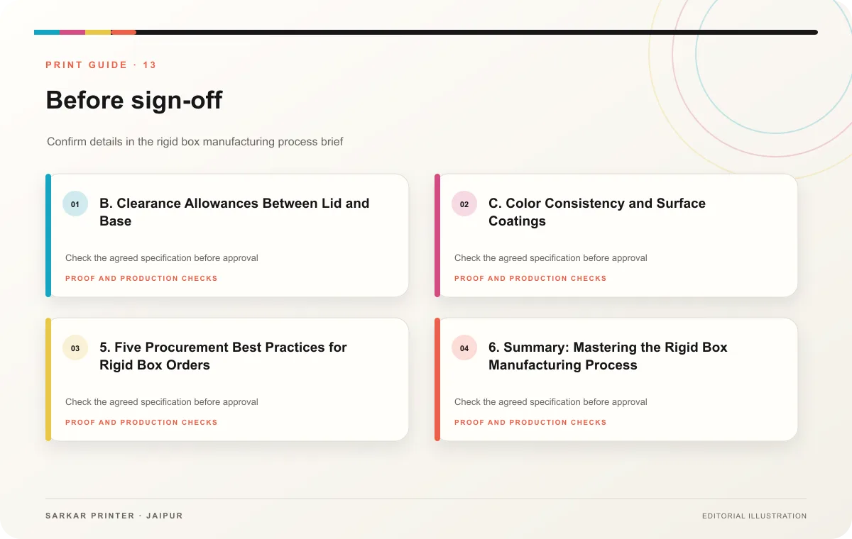 Proof to print workflow infographic for Rigid Box Manufacturing Process: Structural Luxury Guide
