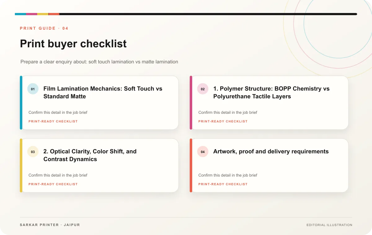 Print buyer checklist infographic for Soft Touch Lamination vs Matte Lamination: Luxury Packaging Guide